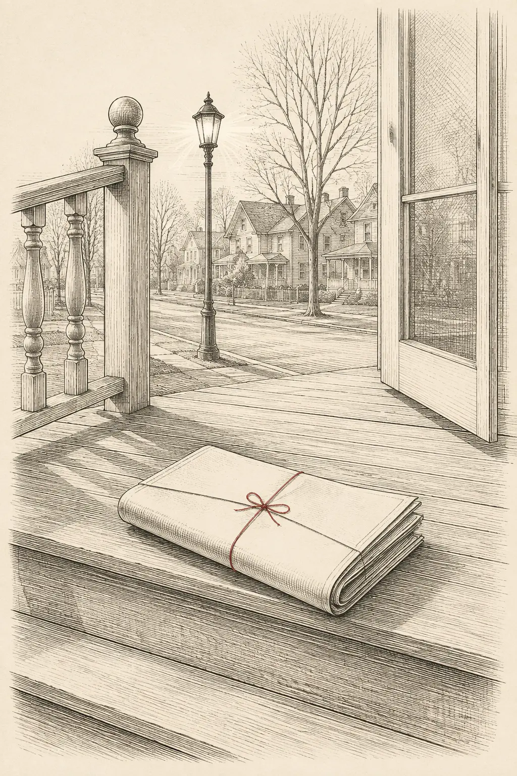 Engraved illustration of a folded newspaper on a wooden porch step at first light