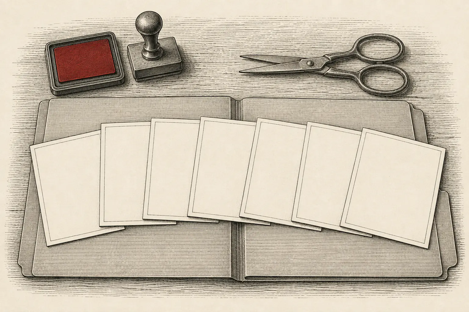 Engraved illustration of seven newspaper clippings fanned across an open dossier beside a date stamp