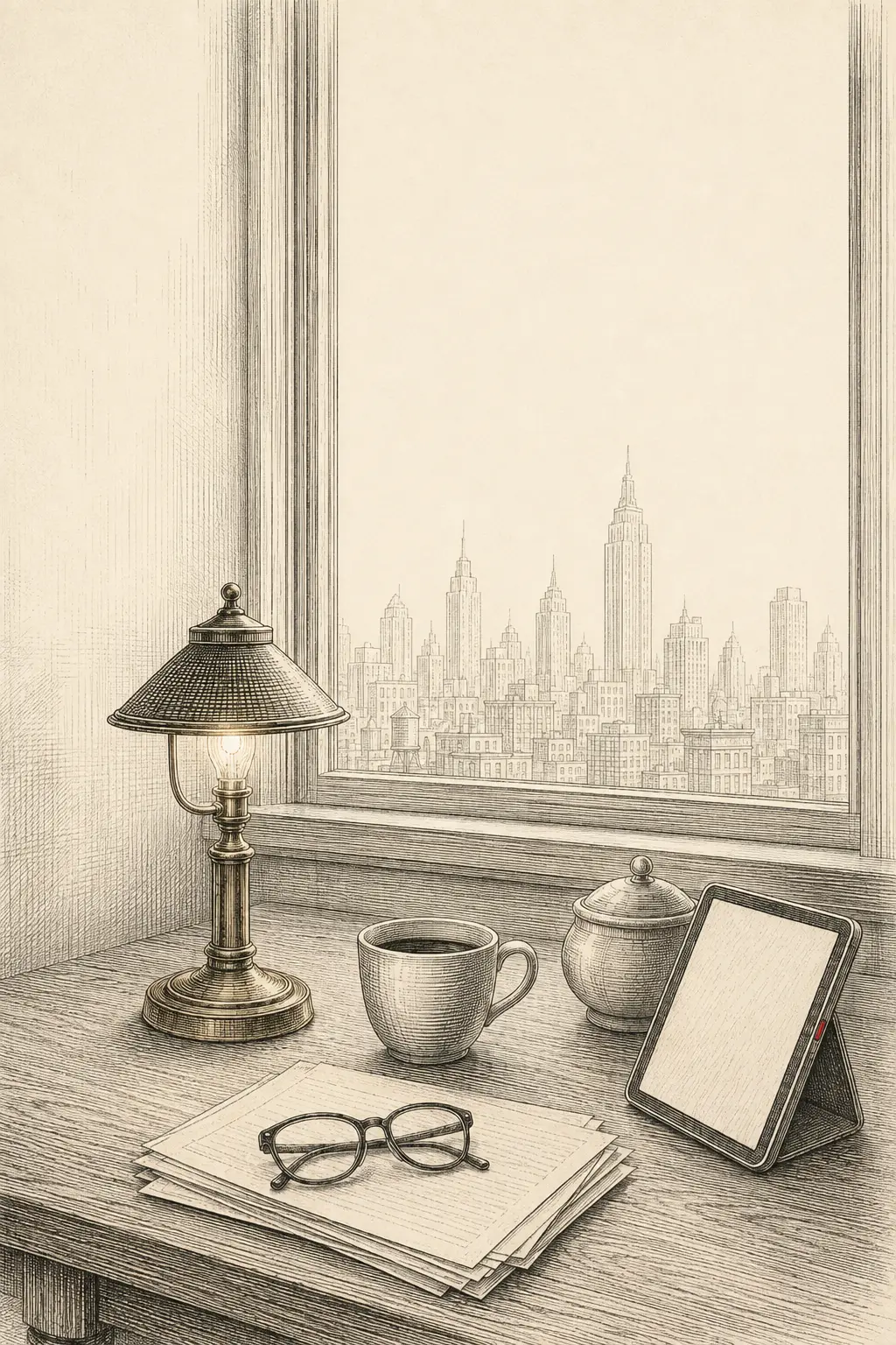 Engraved illustration of a lamp-lit kitchen table before dawn with a city skyline beyond the window